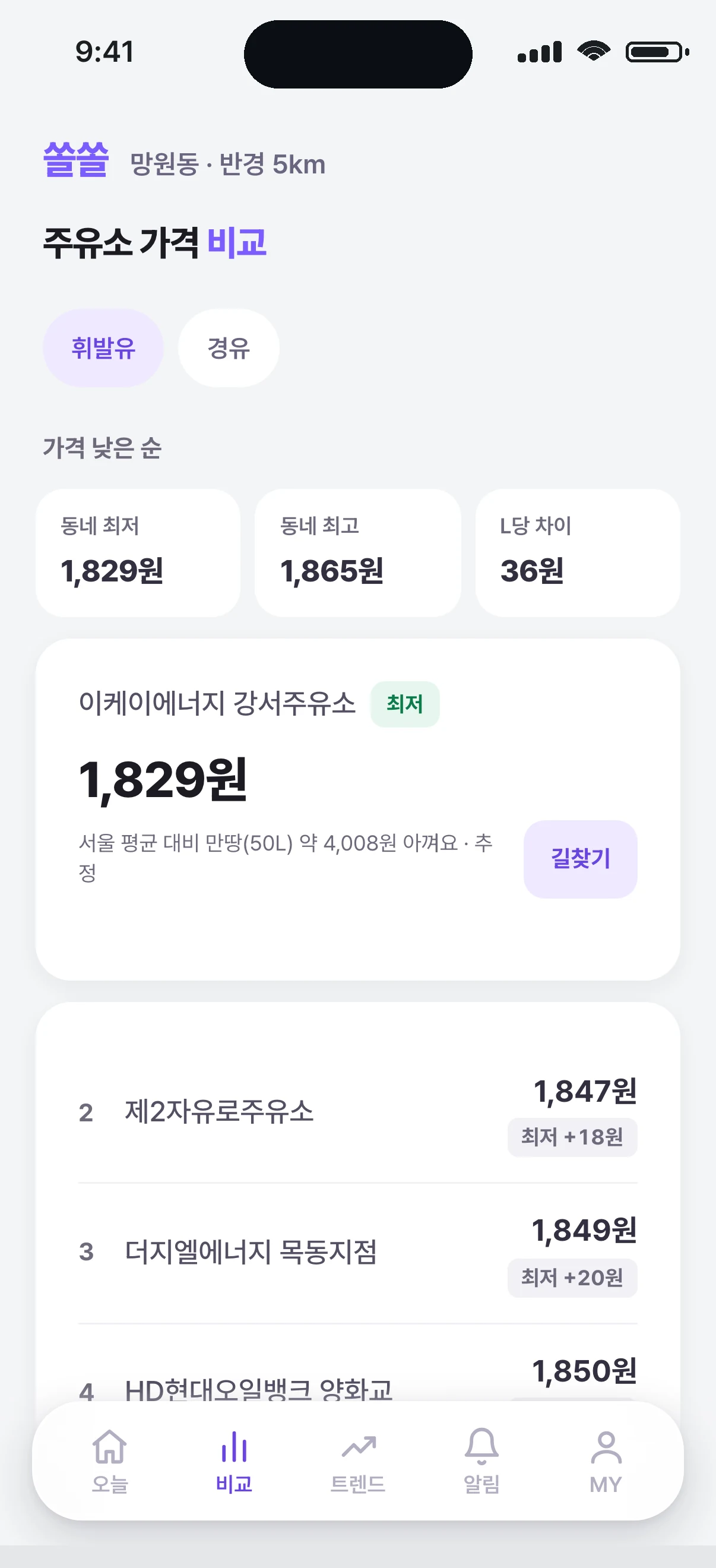 쏠쏘올 가격 비교 화면 — 동네 주유소 가격 낮은 순